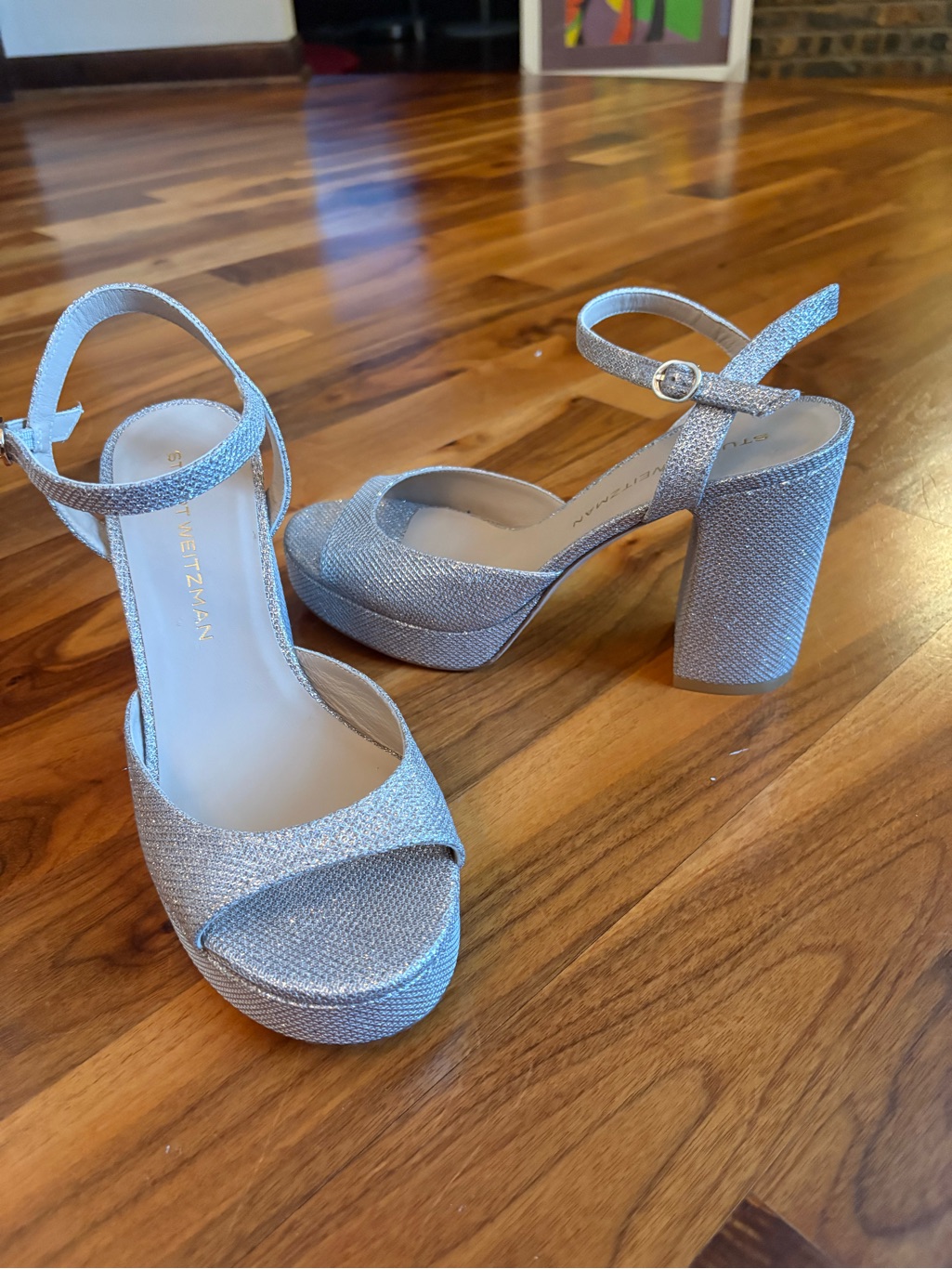 Stuart Weitzman Glittery Gold Dayna Ii Platform Sandals With Ankle Strap, New